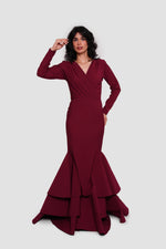 Load image into Gallery viewer, Estelle Burgundy Crepe Jersey Deep V-neckline Maxi Dress