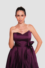 Load image into Gallery viewer, Malayna Deep Plum Taffeta Corset Strapless Maxi Dress