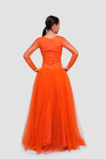 Load image into Gallery viewer, Nouf Vibrant Orange V-neckline Tulle Maxi Dress With Sheer Sleeves