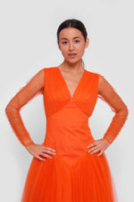 Load image into Gallery viewer, Nouf Vibrant Orange V-neckline Tulle Maxi Dress With Sheer Sleeves