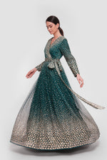 Load image into Gallery viewer, Zahra Teal Green With White And Gold Accents Plunging V-neckline Maxi Dress