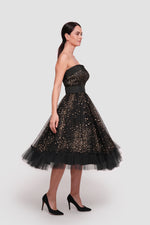 Load image into Gallery viewer, Layla Black Tulle With gold glitter padded corset midi dress