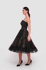 Load image into Gallery viewer, Layla Black Tulle With gold glitter padded corset midi dress
