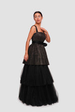 Load image into Gallery viewer, Ariella Black Tulle With Gold Glitter Corset Maxi Dress With Straps