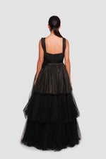 Load image into Gallery viewer, Ariella Black Tulle With Gold Glitter Corset Maxi Dress With Straps