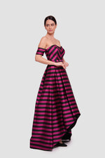 Load image into Gallery viewer, Emily Fuchsia And Black Striped Off-shoulder High-low Maxi Dress