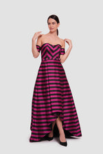 Load image into Gallery viewer, Emily Fuchsia And Black Striped Off-shoulder High-low Maxi Dress