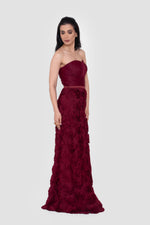 Load image into Gallery viewer, Rosabelle Strapless Rose Textured Gown In Burgundy