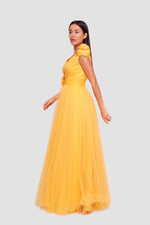 Load image into Gallery viewer, Afnan Yellow Tulle V-neckline Open Back Maxi Dress With Floral Applique Embellishments