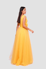 Load image into Gallery viewer, Afnan Yellow Tulle V-neckline Open Back Maxi Dress With Floral Applique Embellishments