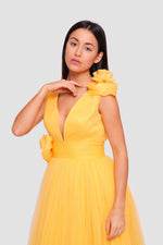 Load image into Gallery viewer, Afnan Yellow Tulle V-neckline Open Back Maxi Dress With Floral Applique Embellishments