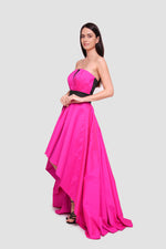 Load image into Gallery viewer, Valencia Fuchsia With Black Accents Taffeta Strapless Deep Illusion V-neck Maxi Dress