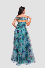 Load image into Gallery viewer, Irina Teal Blue With Multicolored Floral Patterns Organza Sweetheart Neckline Maxi Dress