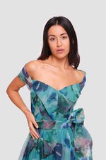 Load image into Gallery viewer, Irina Teal Blue With Multicolored Floral Patterns Organza Sweetheart Neckline Maxi Dress