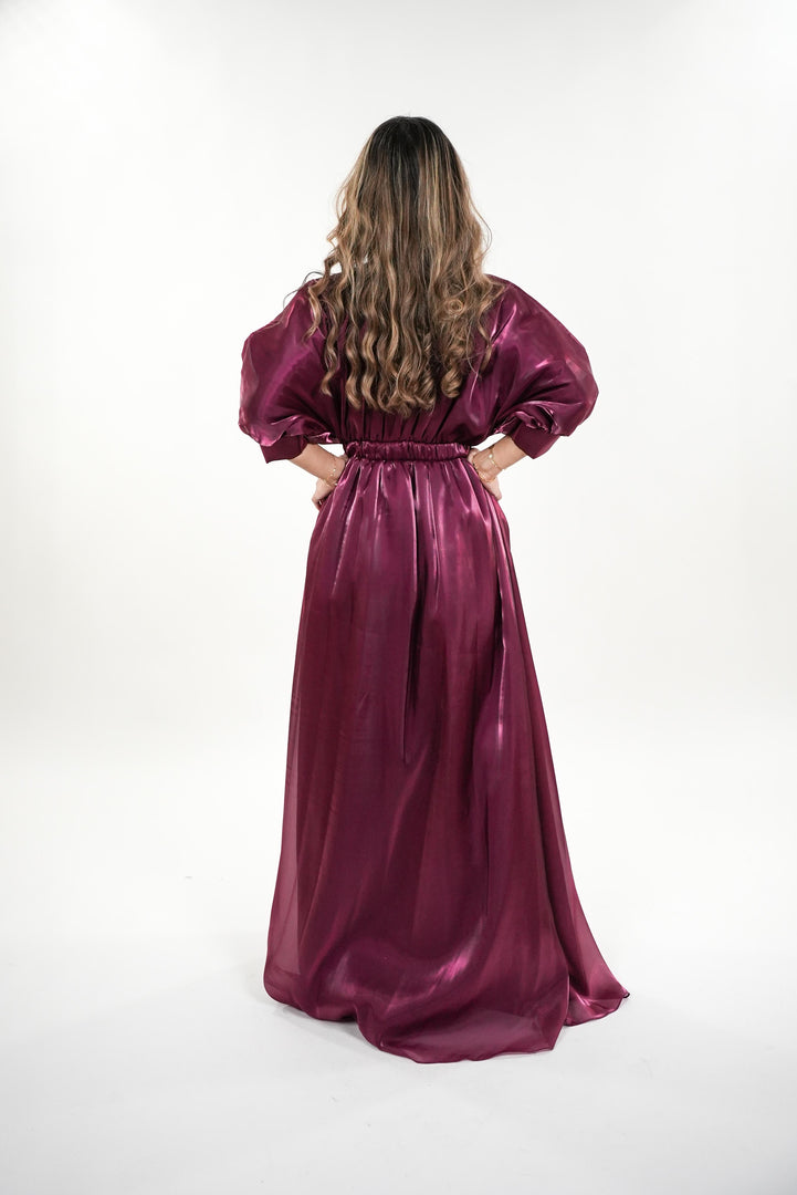 Priscilla satin v- neckline with kimono sleeves maxi dress