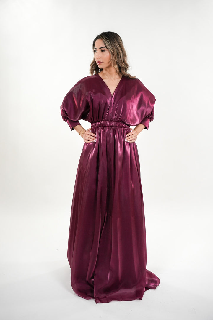 Priscilla satin v- neckline with kimono sleeves maxi dress