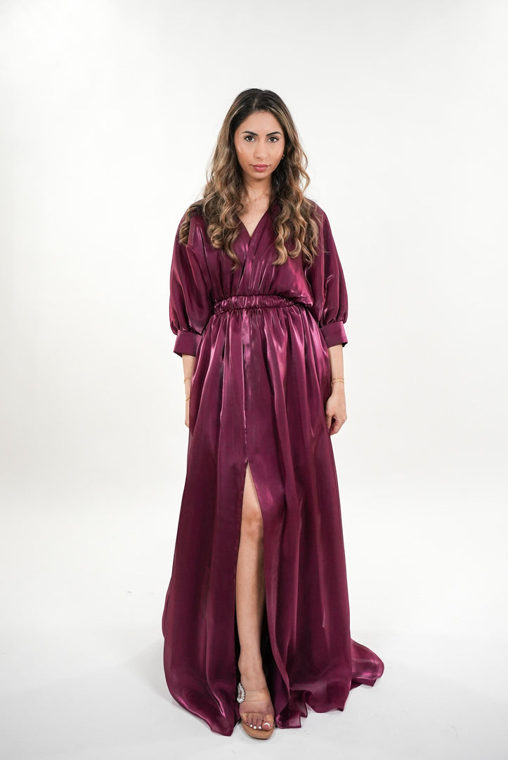 Priscilla satin v- neckline with kimono sleeves maxi dress