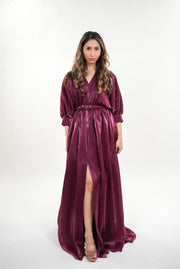 Priscilla satin v- neckline with kimono sleeves maxi dress