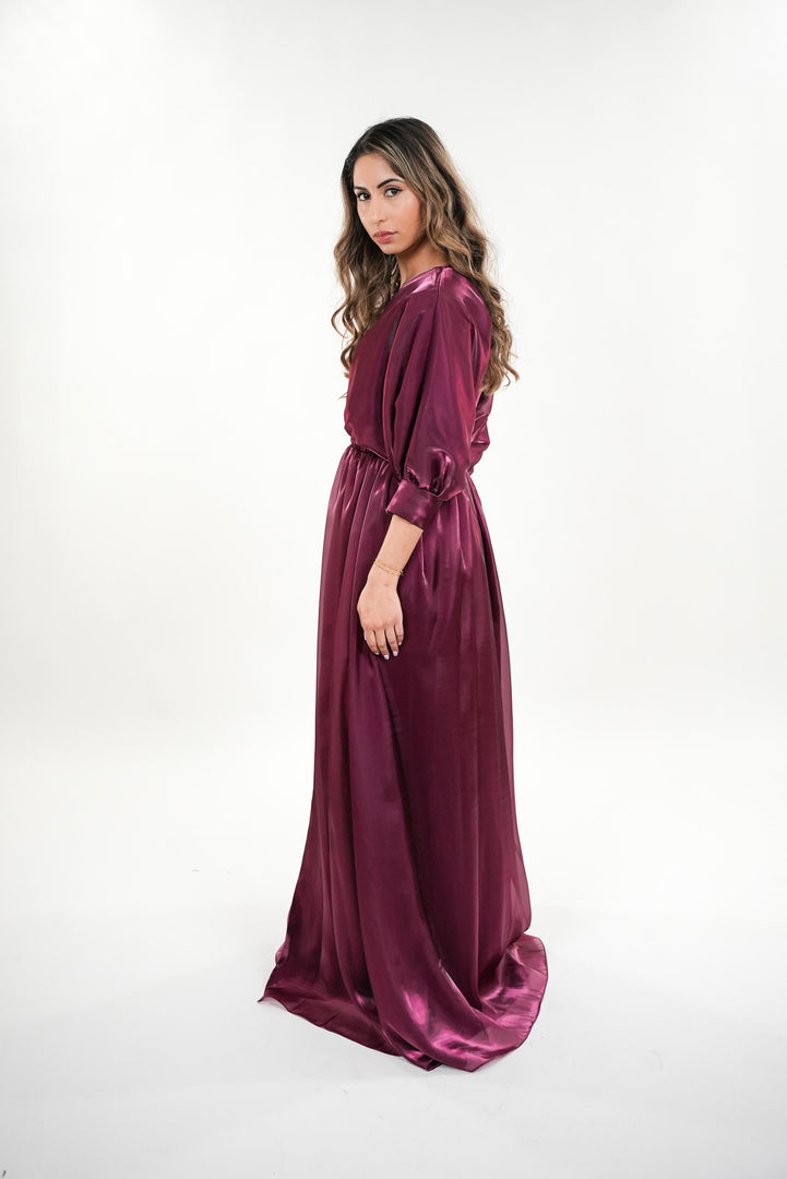 Priscilla satin v- neckline with kimono sleeves maxi dress