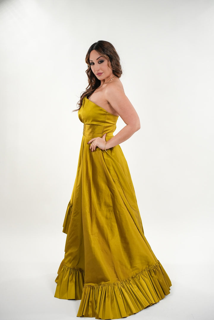Lara ruffled asymmetrical backless maxi dress with pleated waist band
