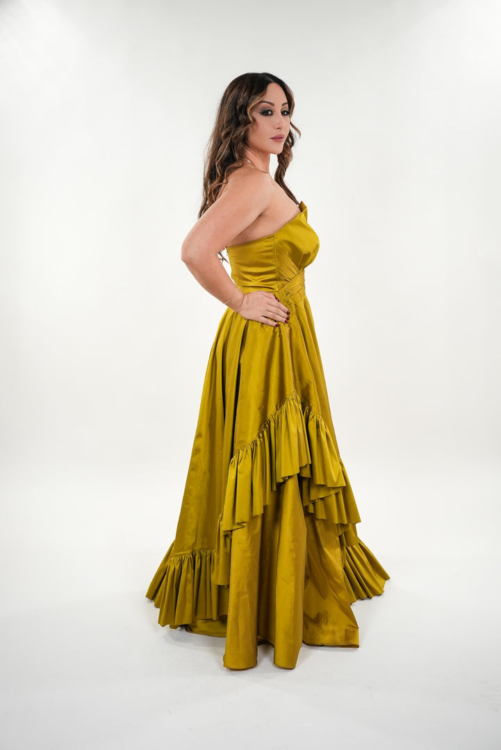 Lara ruffled asymmetrical backless maxi dress with pleated waist band