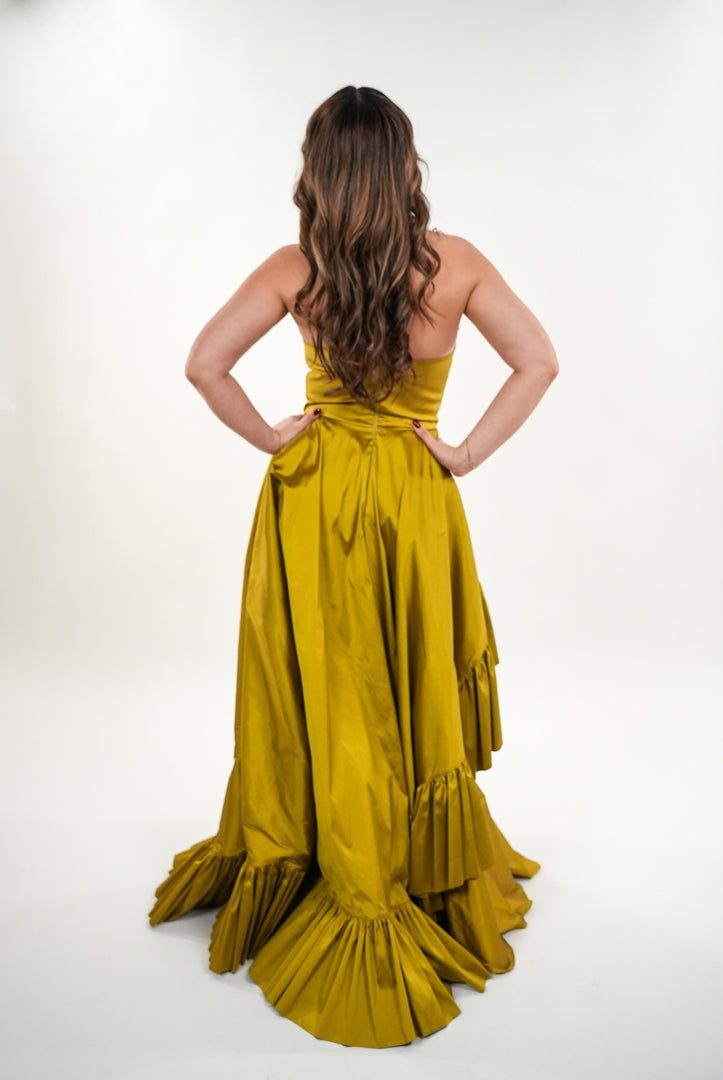 Lara ruffled asymmetrical backless maxi dress with pleated waist band