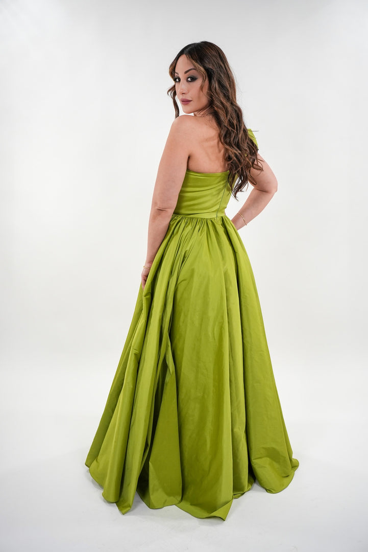 Daphne taffeta asymmetrical pleated bust sleeveless maxi dress