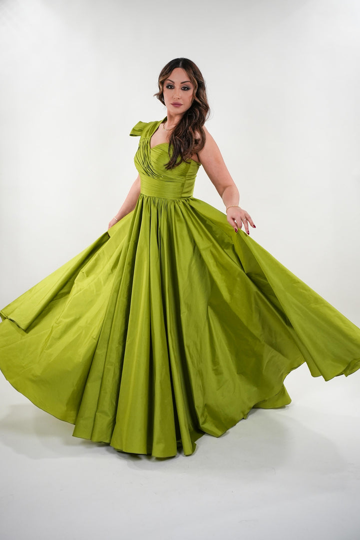 Daphne taffeta asymmetrical pleated bust sleeveless maxi dress