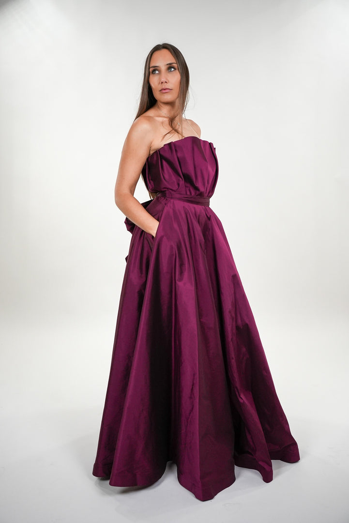Rebecca tafetta box pleated strapless maxi dress