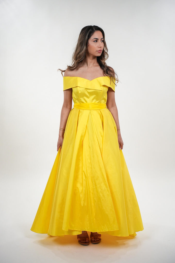Magnolia tafetta off shoulder neckline princess maxi dress with adjustable belt