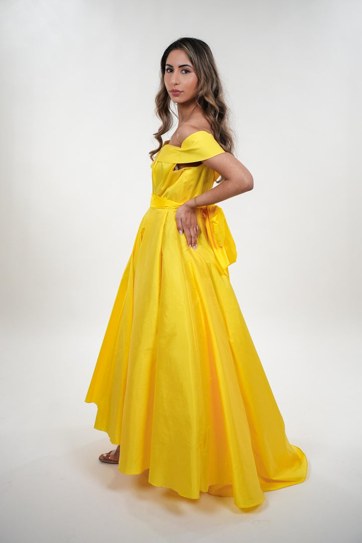 Magnolia tafetta off shoulder neckline princess maxi dress with adjustable belt