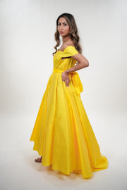 Magnolia tafetta off shoulder neckline princess maxi dress with adjustable belt