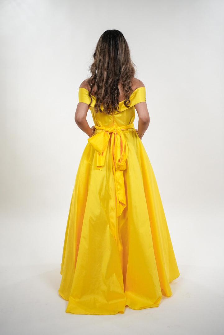 Magnolia tafetta off shoulder neckline princess maxi dress with adjustable belt