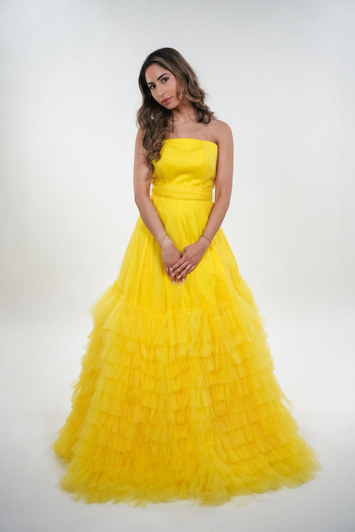 Blythe satin and tulle ruffled net backless dress with adjustable net belt