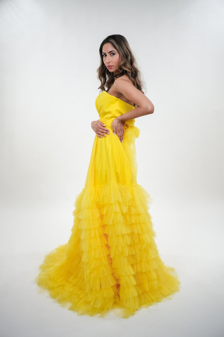 Blythe satin and tulle ruffled net backless dress with adjustable net belt