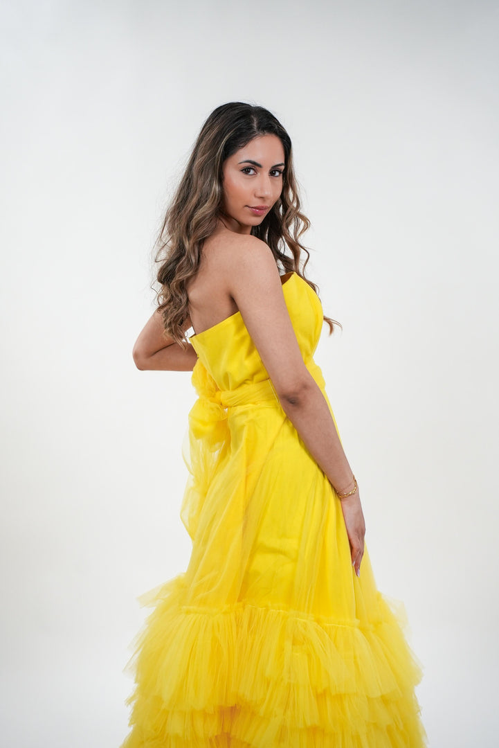 Blythe satin and tulle ruffled net backless dress with adjustable net belt