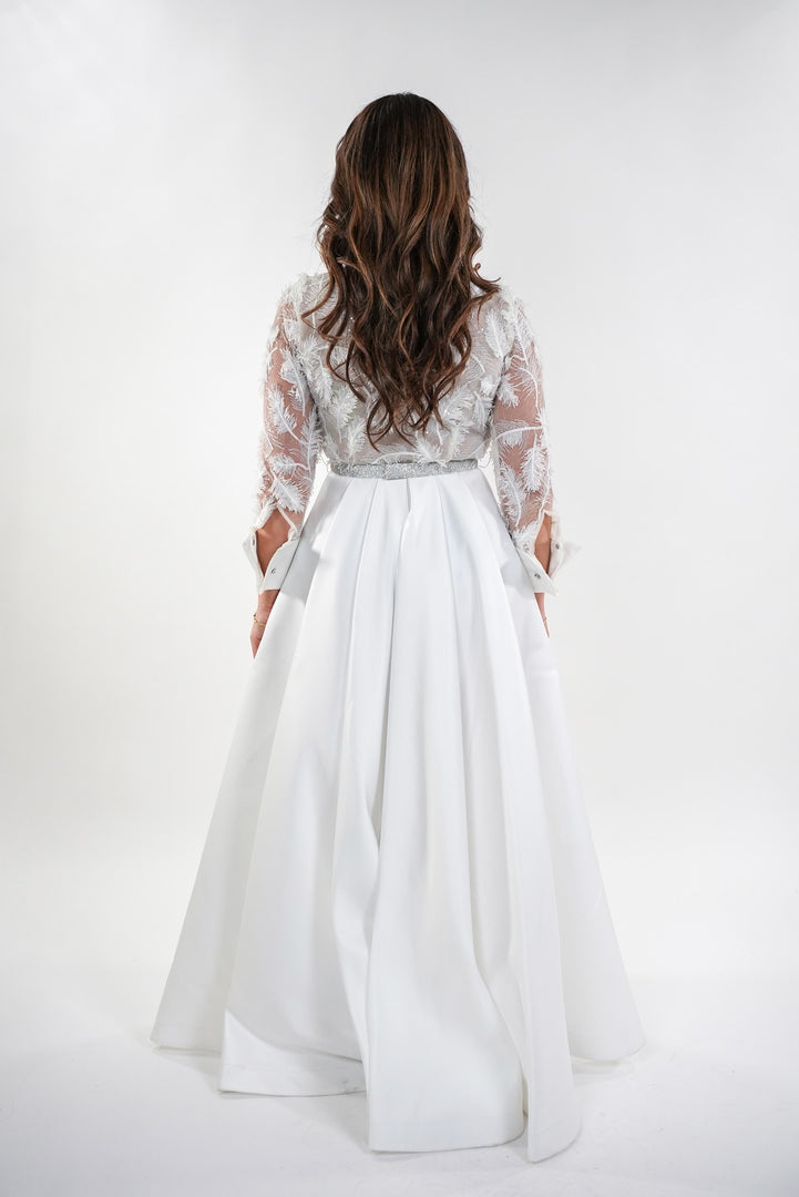 Esther white lace full sleeved floral maxi dress with crystallized belt