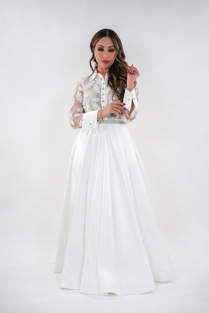 Esther white lace full sleeved floral maxi dress with crystallized belt