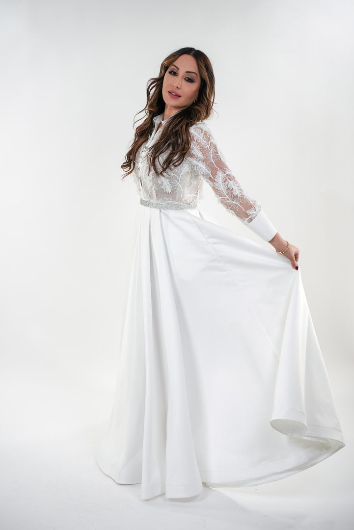 Esther white lace full sleeved floral maxi dress with crystallized belt