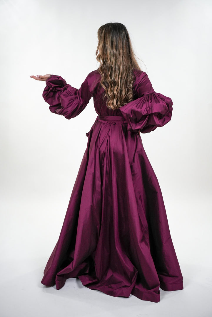 Paulina taffeta over-exaggerated layered sleeve wrap maxi dress