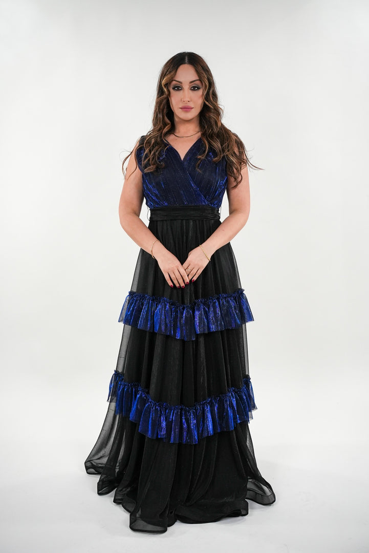 Meredith metallic v- neckline soft pleated wrap style sleeveless dress