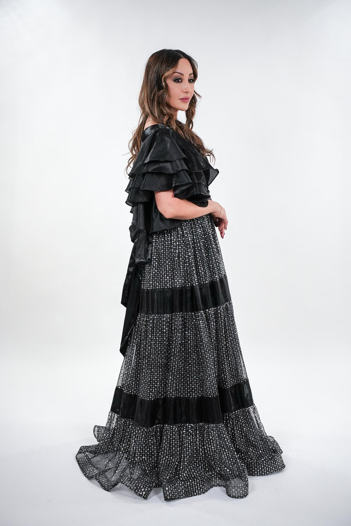 Rochelle layered glittery tulle v-neckline with layered balloon sleeve maxi dress
