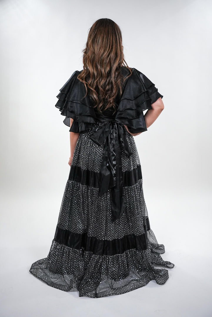 Rochelle layered glittery tulle v-neckline with layered balloon sleeve maxi dress