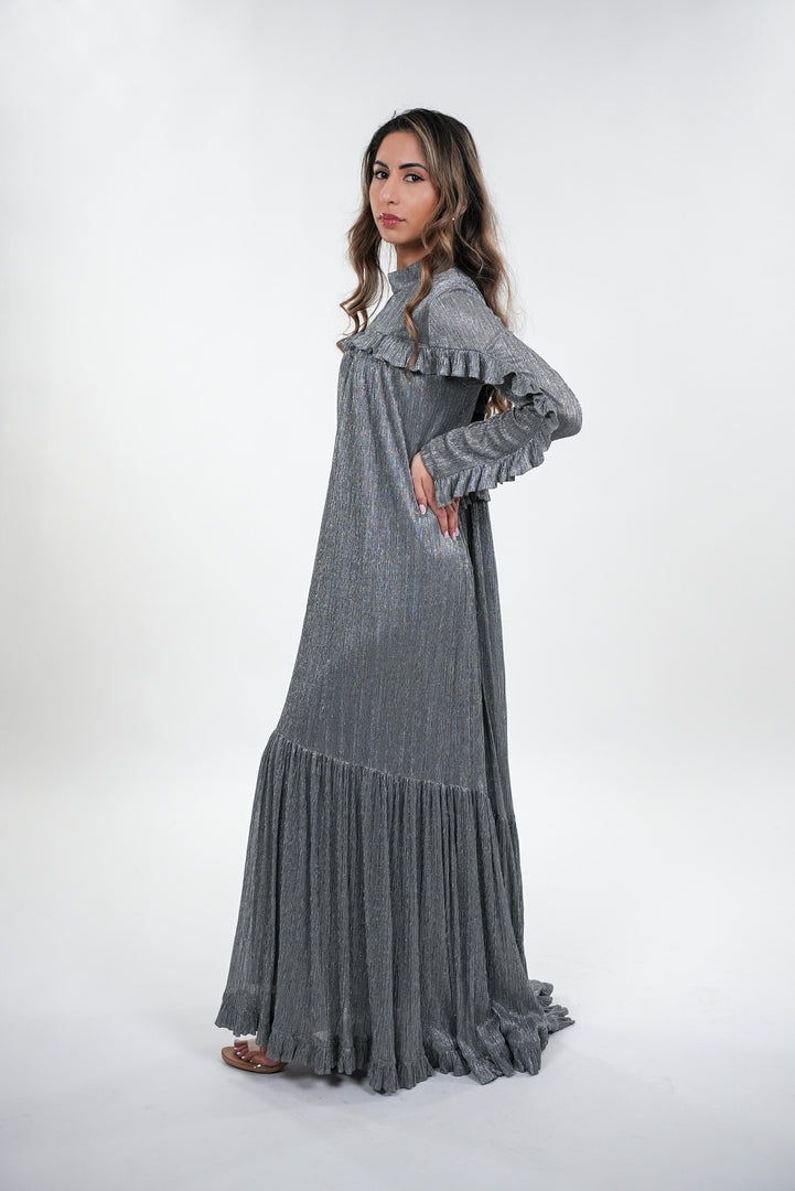 Adrianna modest collared maxi dress with frill details