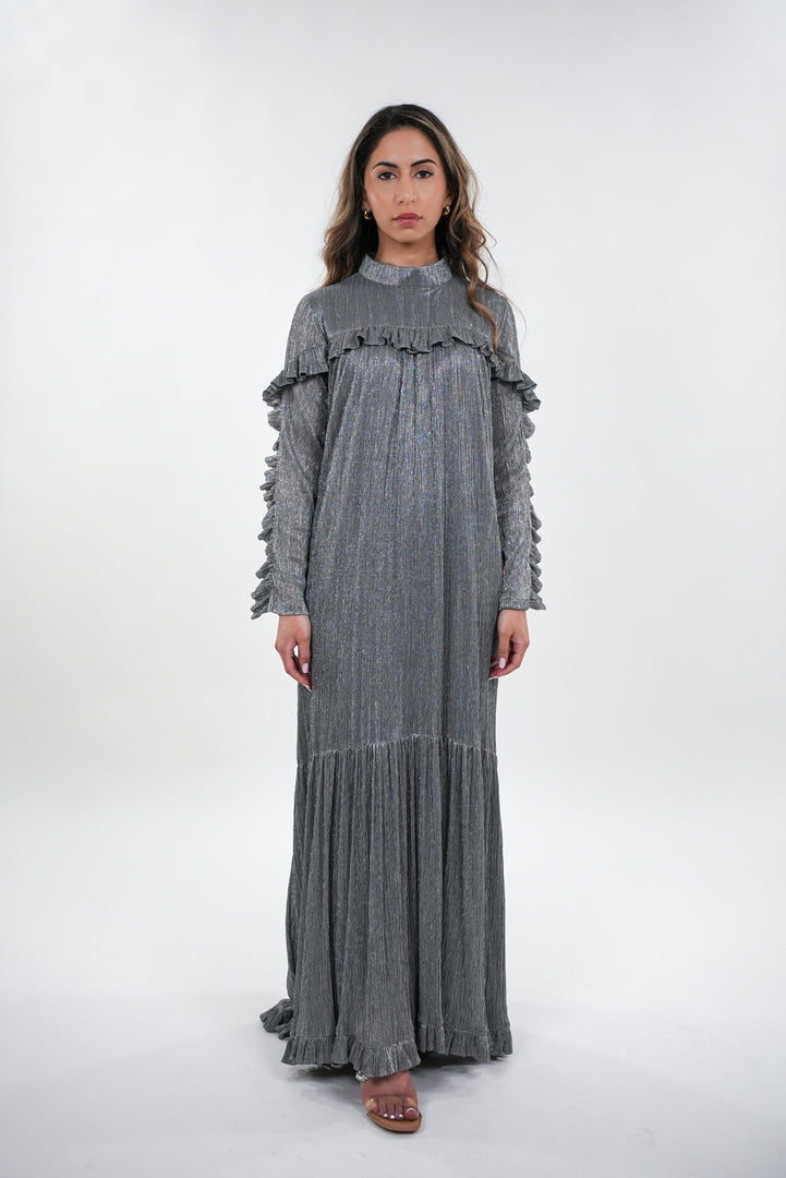 Adrianna modest collared maxi dress with frill details