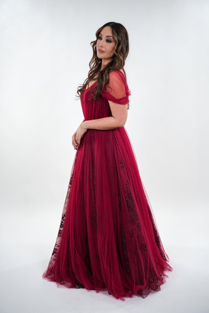 Belinda tulle and metallic brocade with pleated sweetheart neckline maxi dress