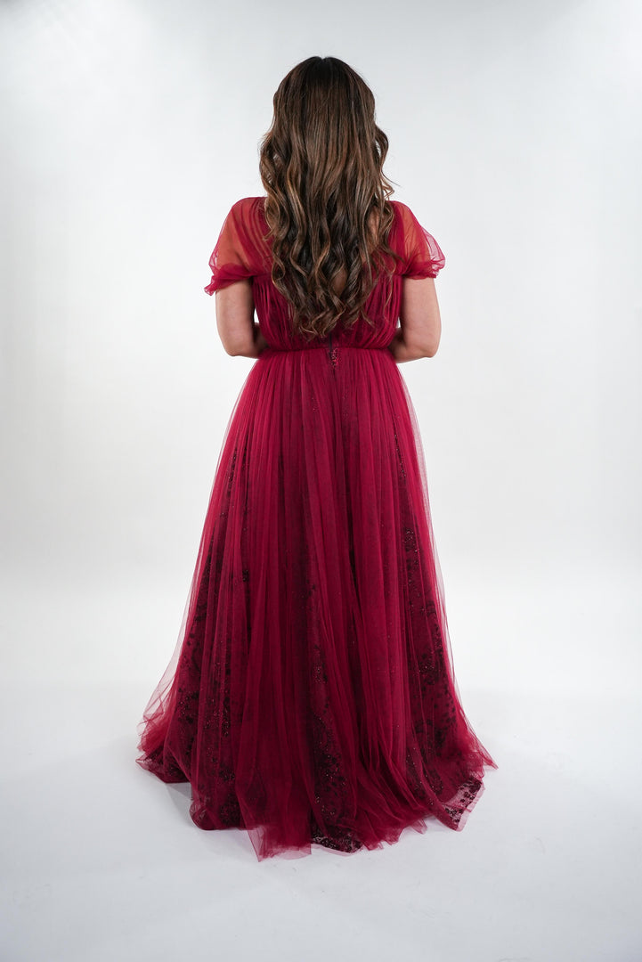 Belinda tulle and metallic brocade with pleated sweetheart neckline maxi dress