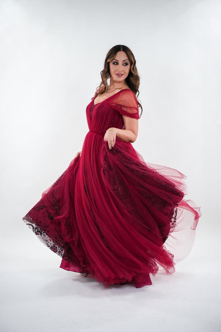 Belinda tulle and metallic brocade with pleated sweetheart neckline maxi dress
