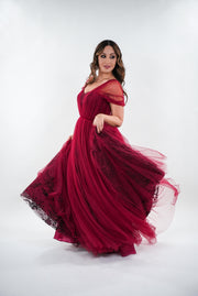 Belinda tulle and metallic brocade with pleated sweetheart neckline maxi dress