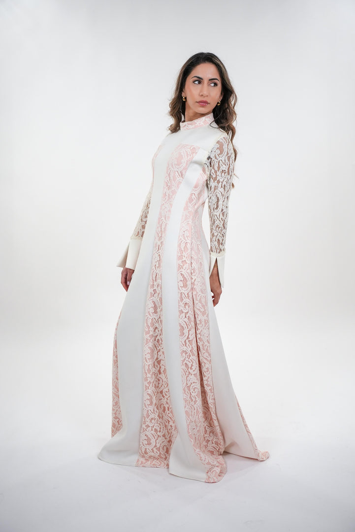 Amaya elegant contrasted lace high- neck with full sleeves maxi dress